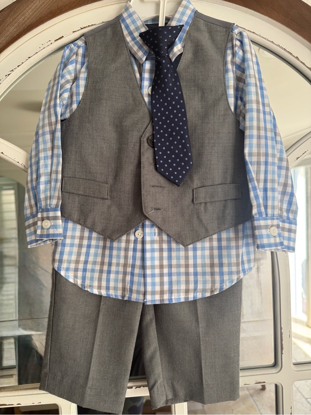 Nautica Boys Gray Vest & Pants with Blue Plaid Shirt and Navy Polka Dot Tie
